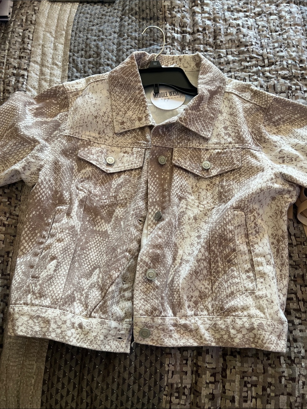 Middle West Snake-Print Button Jacket in Taupe Beige